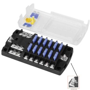 Módulo de distribución con tapa para hasta 12 fusibles estándar de 21 mm x 19 mm, máximo 30 amperios por circuito