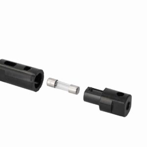 Porta-fusible para fusible cilíndrico cristal 5 x 20 mm, incluido fusible de 2 amperios, para conexión de cable de 0,25 a 2 mm2 con tornillo, color negro