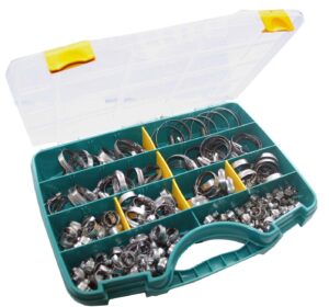 Surtido de 176 pcs de abrazadera Metálicas 9 mm ancho  para Tubos y mangueras ajustables de 8 a 40 mm de diámetro en acero W2 de alta dureza