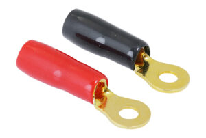 Terminales tipo redondo con bañados en oro con forma de anillo crimpado de empalme rápido, aislados.