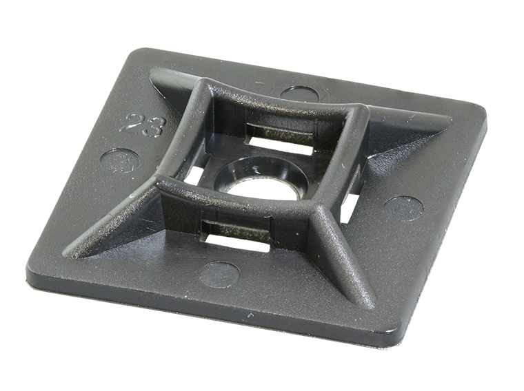 Pieza base adhesiva para bridas y sujetar cables. 19 x19 mm. Nylon 6/6 negro. Ancho brida máximo 3,6 mm. Tornillo 6 mm.
