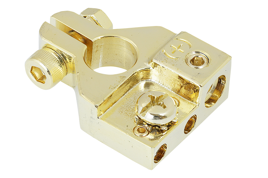 Terminales para baterías bañado en oro 2 salidas de hasta 16mm2 + 1 salida de hasta 25mm2 + 1 salida por terminal redondo