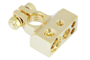 Terminales para baterías bañado en oro 2 salidas de hasta 16mm2 + 1 salida de hasta 25mm2 + 1  salida de hasta 50 mm2 con tapa