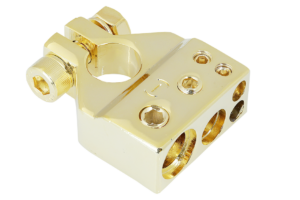 Terminales para baterías bañado en oro 2 salidas de hasta 16mm2 + 1 salida de hasta 25mm2 + 1  salida de hasta 50 mm2 con tapa