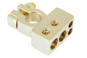 Terminales para baterías bañado en oro 2 salidas de hasta 16mm2 + 2 salidas de hasta 25mm2 con tapa